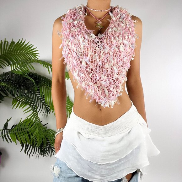 Vintage Pastel Pink Crochet Cottagecore Coquette Barbiecore Scarf Fringe Shawl - Picture 3 of 6